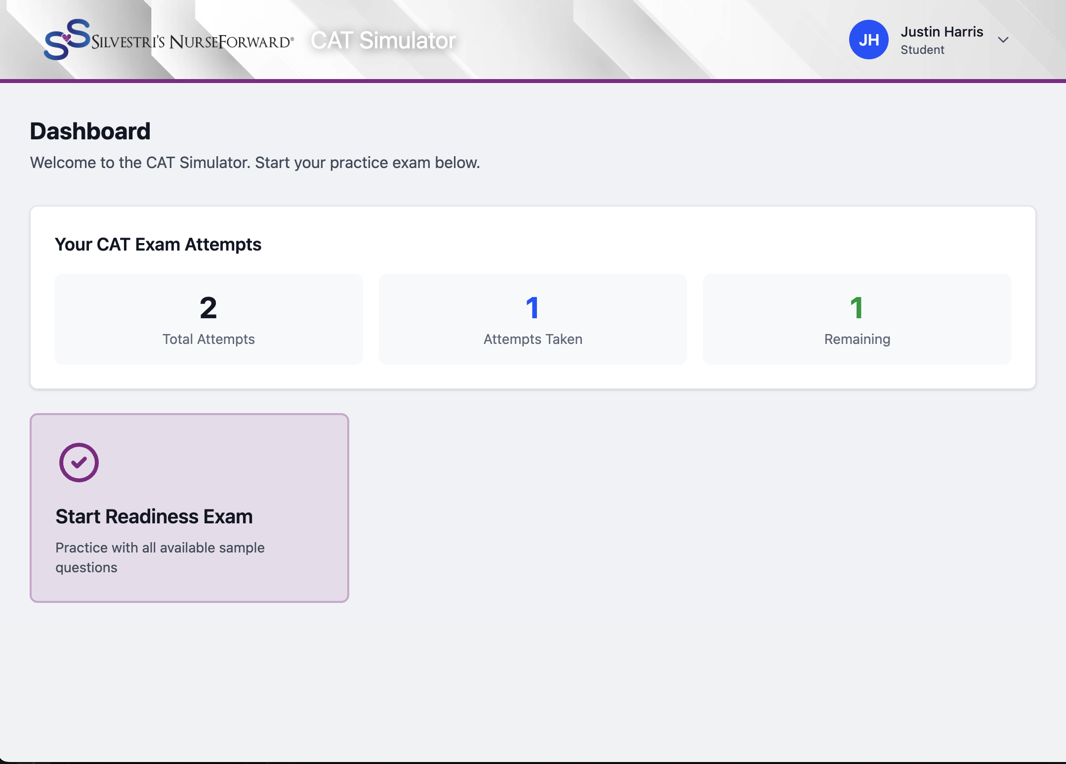 CAT Simulator dashboard showing attempts used, remaining, and start exam button