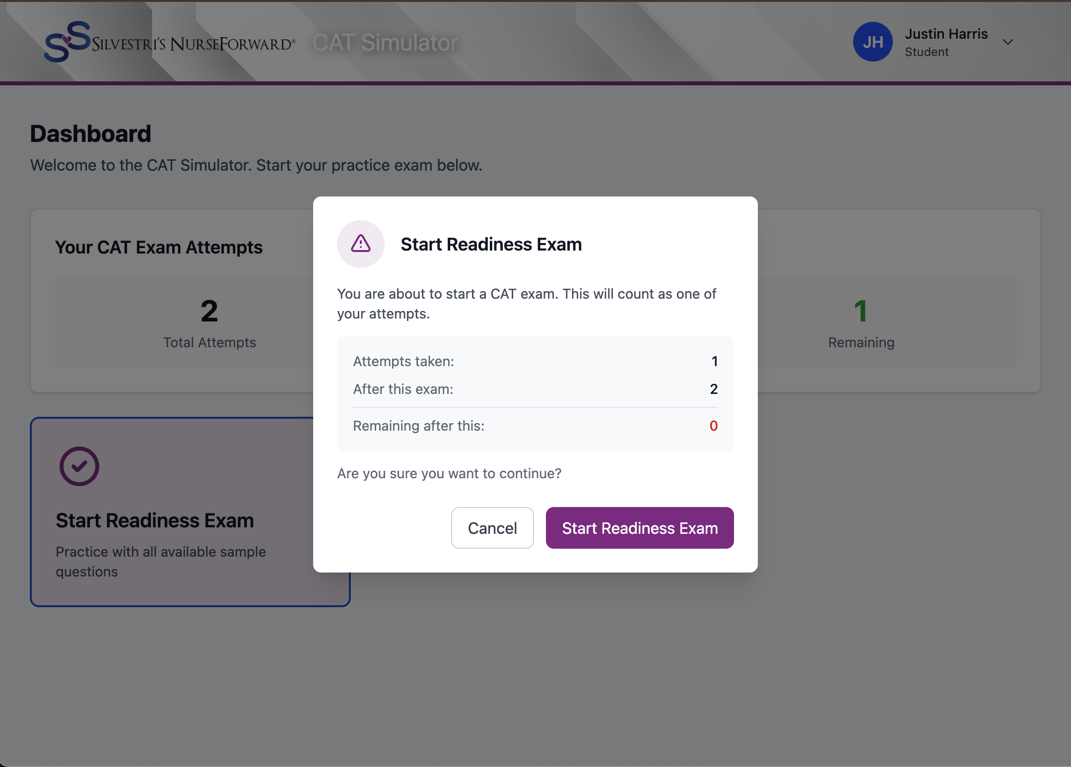 Exam start confirmation modal showing attempt count and start button